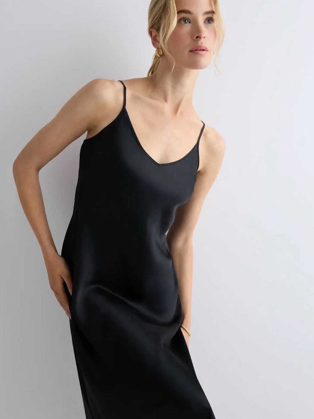 Quince Silk Black Slip Dress - small